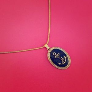 Navy Blue, Gold, and Rhinestone Anchor Necklace